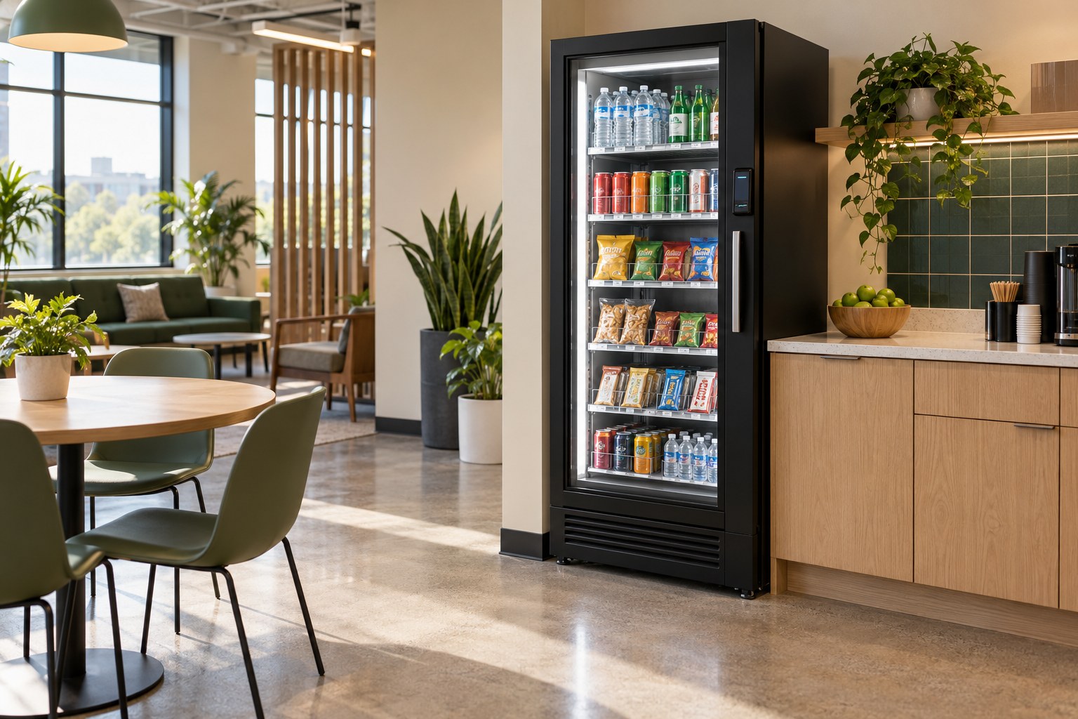 Illustration of an unbranded AI smart cooler in a welcoming employee breakroom