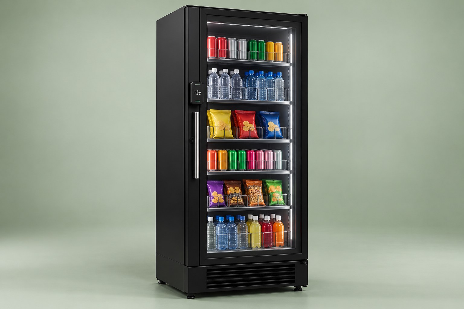 Illustration of an unbranded glass-door AI smart cooler stocked with snacks and drinks